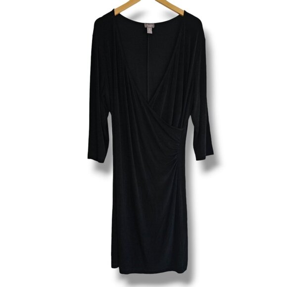 Chicos Travelers Black Faux Wrap Midi Dress 3/XL 3/4 Sleeve Slinky Stretch - Picture 2 of 7